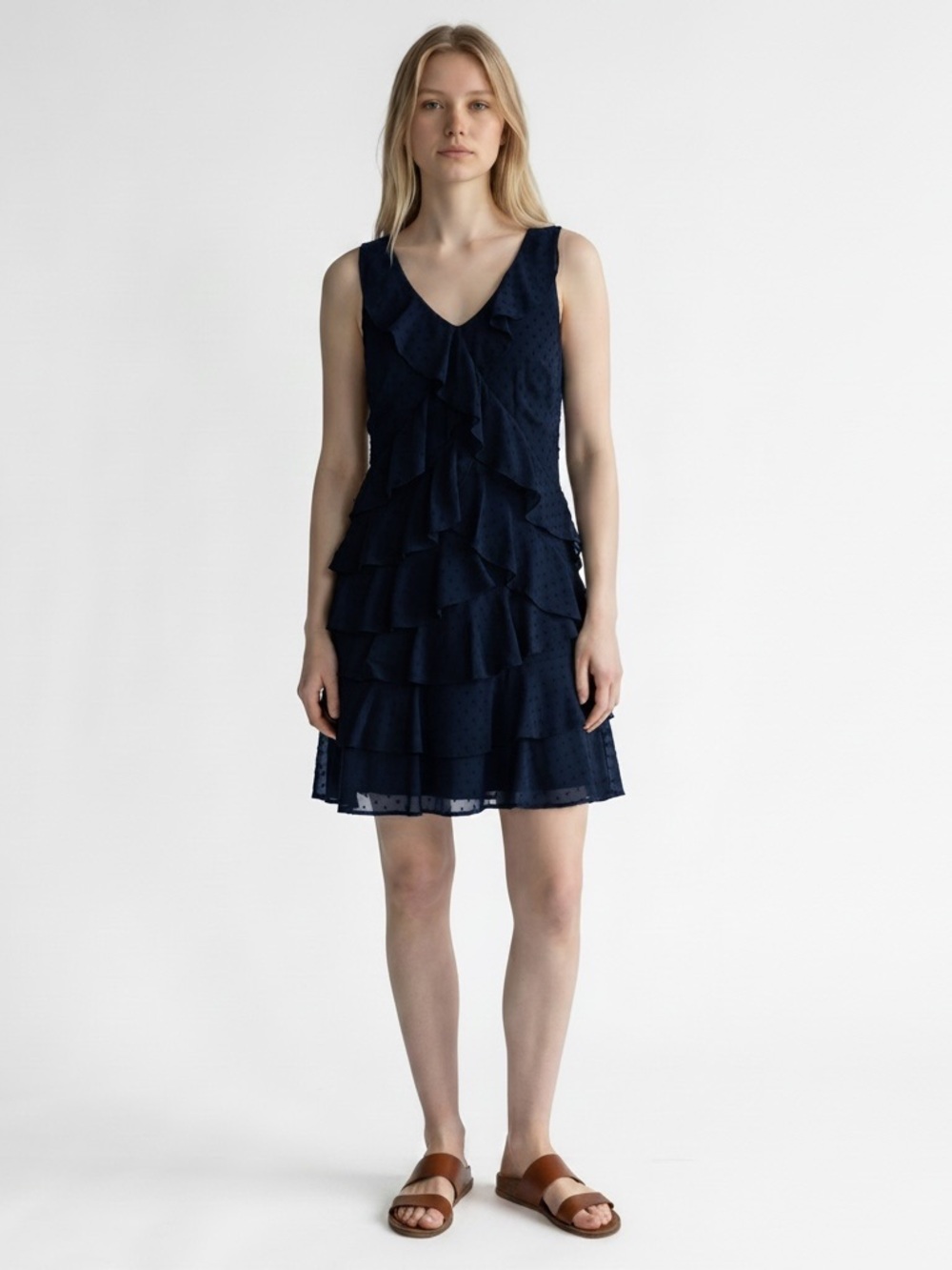 Ann Taylor Loft‎ Swiss Dot Tier Sleeveless Ruffle Dress in Midnight Navy Size 8